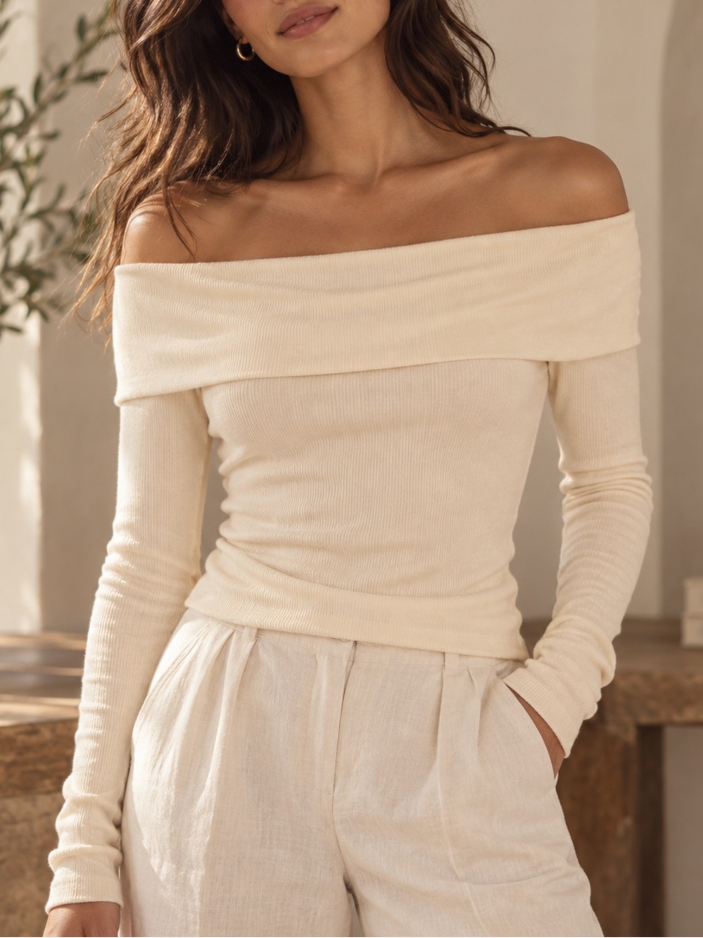 🌼 3/$15 Off-Shoulder White Ribbed Long Sleeve M